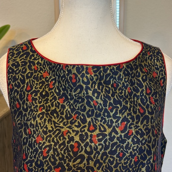 Betsey Johnson | Navy Red Gold Jacquard Leopard Print Shift Dress | 8 - Picture 4 of 16